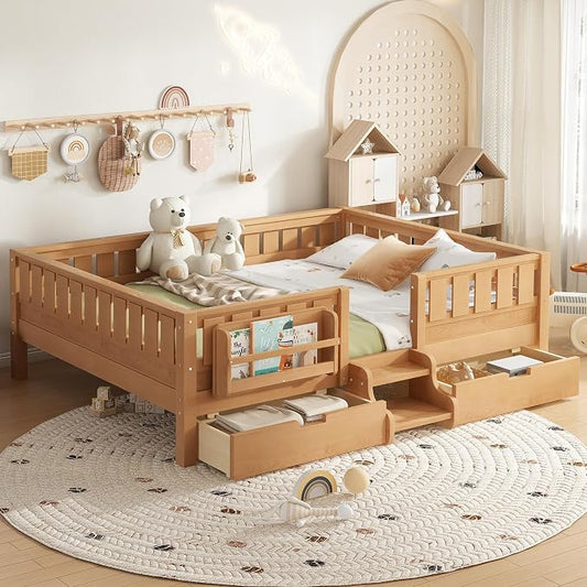 Bellemave Queen Size Bed with Slats and Stairs, Queen Size Platform Bed Frame with Fence, Bookshelf and Storage Drawers, Easy Assemble Beds for Girls, Boys, Deep Natural