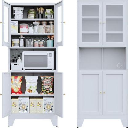 69" Tall Metal Pantry Cabinet with Microwave Stand,Microwave Storage Cabinet with 4 Doors & 3 Adjustable Shelves for Kitchen (4 Glass Doors-White, 13.78" D x 27.54" W x 68.9" H)