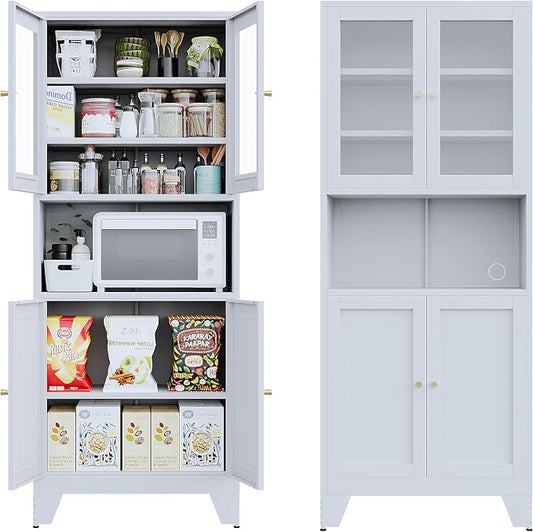 69" Tall Metal Pantry Cabinet with Microwave Stand,Microwave Storage Cabinet with 4 Doors & 3 Adjustable Shelves for Kitchen (4 Glass Doors-White, 13.78" D x 27.54" W x 68.9" H)