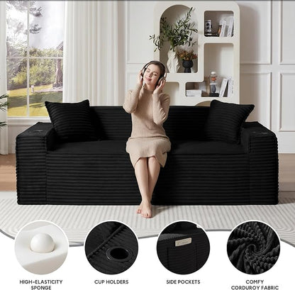 Boneless Sectional Sofa Couch with Cup Holders & Side Pockets, Modern Corduroy Fabric Deep Seat 3-seat Cloud Couch for Living Room Office, No Assembly (Black)