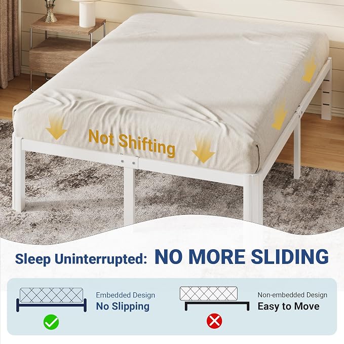 Allewie Metal Full Size Bed Frame, 14 Inch 3500LBS Heavy Duty Platform Bed with Rounded Corner & Under Bed Storage, No Box Spring Needed, Noise Free, Easy Assembly, White