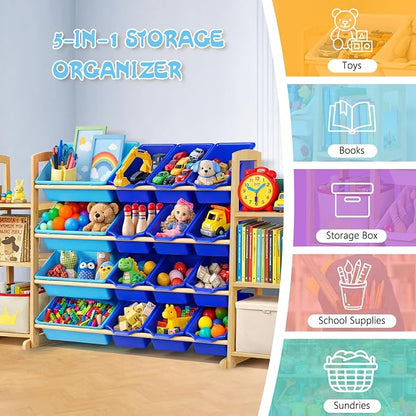 Kids Toy Storage Organizer with Bookshelf – Wooden Shelf with 16 Bins & 6 Shelves, Quick Assembly Storage Rack for Playroom, Bedroom, Nursery - Blue