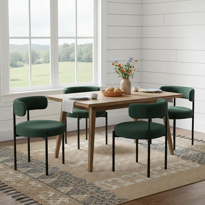 Boucle Dining Chairs Set of 2, Green Dining Chairs with Upholstered Seat and Round Back, Mid-Century Modern Kitchen Chairs for Dining Room, Restaurant