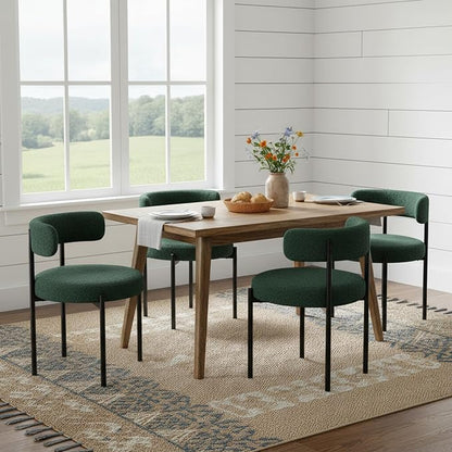 Boucle Dining Chairs Set of 2, Green Dining Chairs with Upholstered Seat and Round Back, Mid-Century Modern Kitchen Chairs for Dining Room, Restaurant