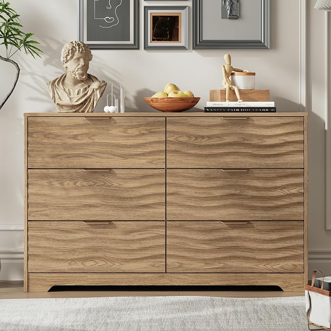 MALOL Coastline Fluted 6 Drawers Dresser for Bedroom, 48" Wide Modern Chest of TV Stand Organizers with Metal Handle, Storage Wooden Dresser Drawer for Living Room, Hallway, Closet, Walnut Wood