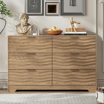 MALOL Coastline Fluted 6 Drawers Dresser for Bedroom, 48" Wide Modern Chest of TV Stand Organizers with Metal Handle, Storage Wooden Dresser Drawer for Living Room, Hallway, Closet, Walnut Wood