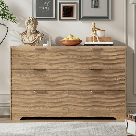 MALOL Coastline Fluted 6 Drawers Dresser for Bedroom, 48" Wide Modern Chest of TV Stand Organizers with Metal Handle, Storage Wooden Dresser Drawer for Living Room, Hallway, Closet, Walnut Wood