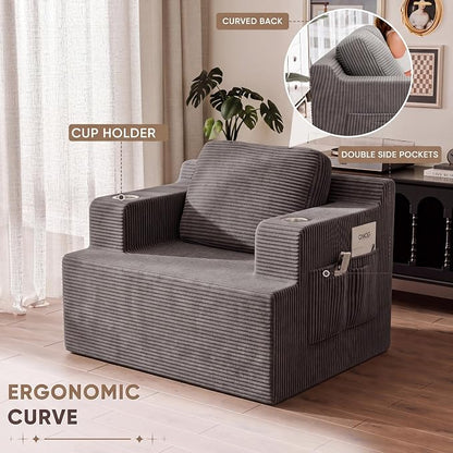 Homall 42” Single Sofa Foam Couch for Small Spaces Upholstered Floor Sofa with Cup Holder & Storage Pocket Boneless Couch for Bedroom Living Room (Grey, Single)
