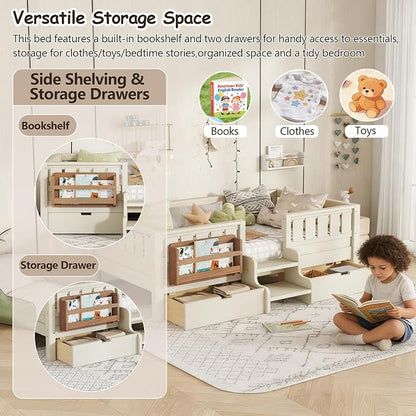 Bellemave Twin Kids Montessori Bed with Stairs, Bookshelf and Drawers, Solid Wood Kids Bed Frame with Storage for Boys Girls, Low Profile,Beige