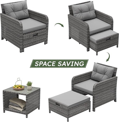 LHBcraft Outdoor Furniture 5 Piece Patio Conversation Set, PE Rattan Patio Set with Soft Cushions & Coffee Table, Outside Furniture with Hidden Ottoman for Porch, Lawn, Garden, Balcony, Grey