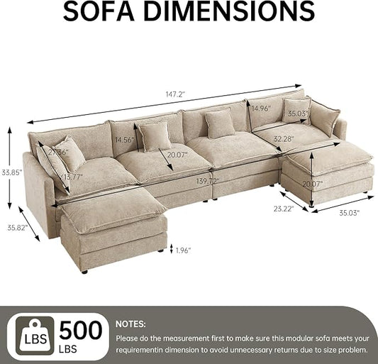 Modular Sectional Sofa, 147.2 Inch U Shaped Couch Set with Armrests, 4-Seater Comfy Cloud Couches with Movable Ottoman for Living Room Apartment, Coffee