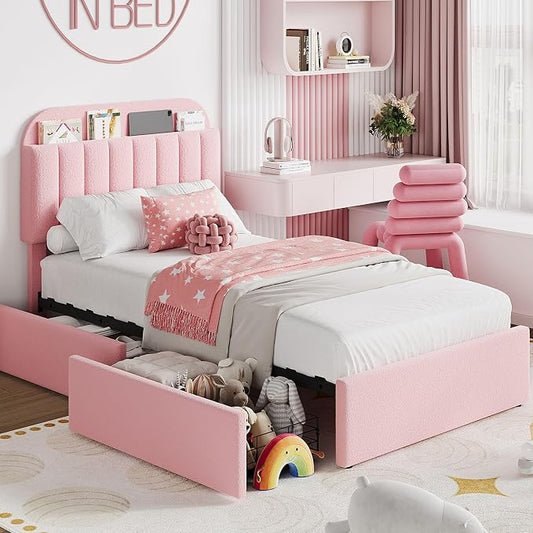 Garvee Twin XL Size Bed Frame with 2 Flexible Drawers, Boucle Upholstered Platform Bed Frame with Bookcase Headboard, Bedframe for Kids/Girls, Easy Assembly, No Box Spring Needed, Noise Free, Pink