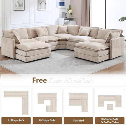 GNIXUU Cloud Couch Oversized Modular Sectional Sofa for Living Room, Modern Chenille 7 Seater Corner Sofa with Deep Seat, Large U-Shaped Couch Set for Spacious Space Apartment, Camel