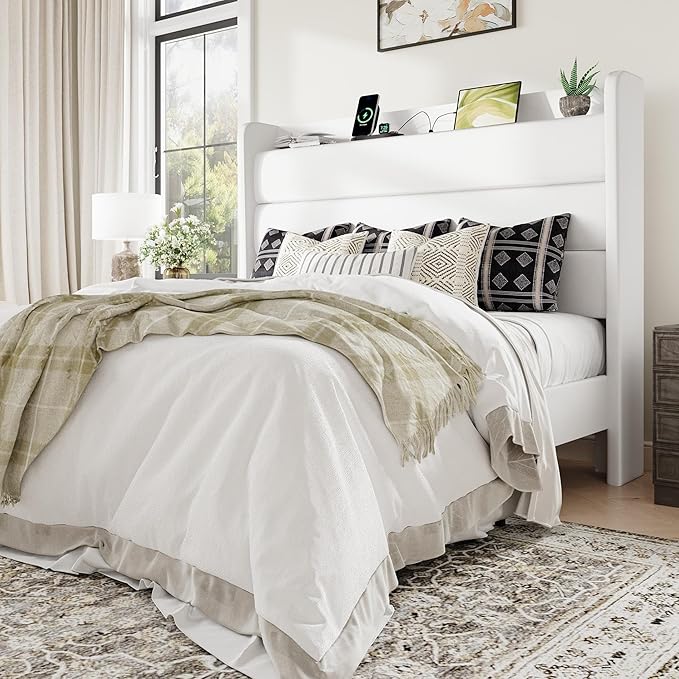 Allewie Queen Size Upholstered Bed Frame with Charging Station & Storage Headboard, Soft Velvet Wingback Platform Bed, Strong Wooden Slats Support, No Box Spring Needed, Easy Assembly, White