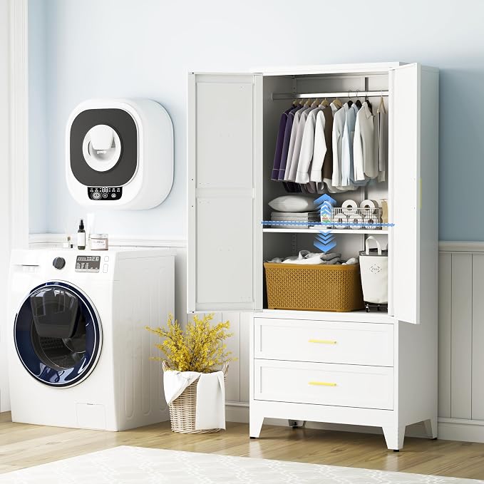 71" H Armoire Wardrobe Closet with 2 Drawers, Metal Wardrobe Closet with Doors and Adjustable Shelves, Wardrobe Cabinet with Hanging Rod, Closets for Bedroom, Laundry Room, White