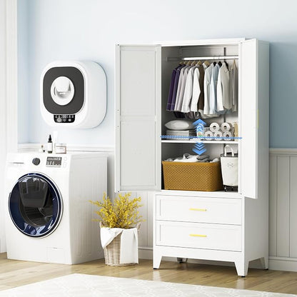 71" H Armoire Wardrobe Closet with 2 Drawers, Metal Wardrobe Closet with Doors and Adjustable Shelves, Wardrobe Cabinet with Hanging Rod, Closets for Bedroom, Laundry Room, White