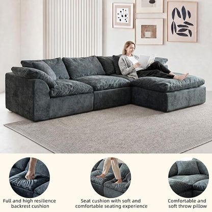 109" Boneless Cloud Couch Sectional for Living Room, Oversized Modular L Shaped Sofa with Ottoman, Deep Seat Chenille Sectional Couch for Cloud-Like Comfort(Blue)