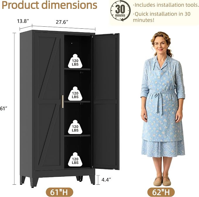 61”H Metal Kitchen Pantry Cabinet, Pantry Cabinets with 2 Doors and 3 Shelves, Kitchen Cabinet for Kitchen, Dining Room, Living Room and Bathroom, Black