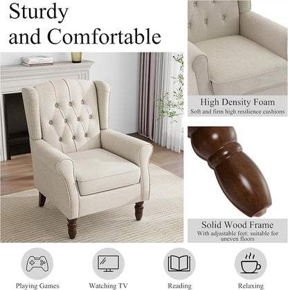 Mid-Century Modern 2-Piece Wingback Chair Set - Plush Upholstered Accent Chairs with Solid Wood Legs, High Back Lounge Seating for Living Room, Bedroom & Office - Retro Matched Pair (Grayish Beige)