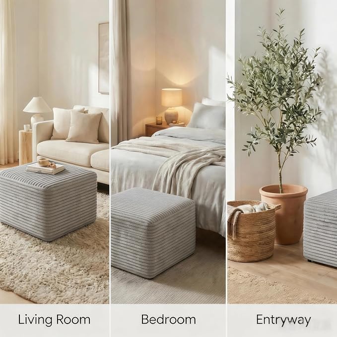 25.6 Inch Plush Corduroy Ottoman, Modular Sectional Foot Rest for Living Room, Upholstered Cloud Ottoman for Boneless Couch in a Box, Compressed Memory Foam, No Assembly Require, Light Grey