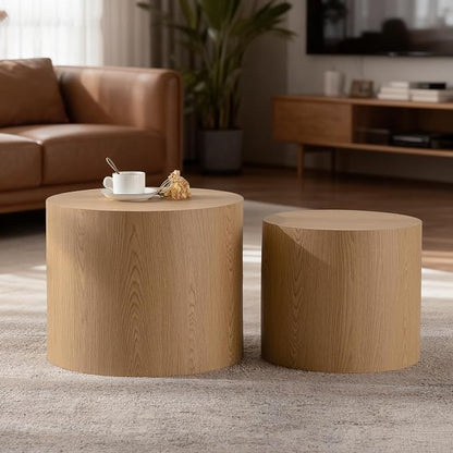 Nesting Round Coffee Table Set of 2, Small Circle Accent End Table for Small Spaces, Wooden Center Table, Morden Drum Side Table for Living Room, Fully Assembled - Natural