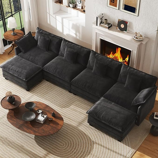 WorthFurni 146” Oversized Modular Sectional Sofa, U Shaped Cloud Couch Set, 4-Seater Comfy Chenille Couches with 2 Movable Ottomans, DIY Combination for Living Room (Black)