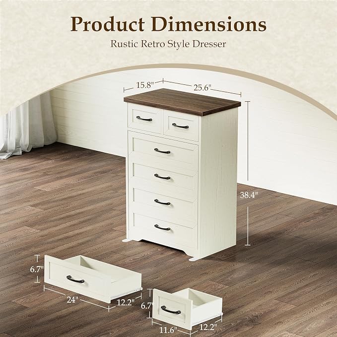 AODK Farmhouse Tall 6 Drawer Dresser for Bedroom, 5-Tier Vertical Storage Chest with Mixed Drawers, Engineered Wood Frame with Anti-Tip Safety, American Country Furniture, Walnut & Vintage White
