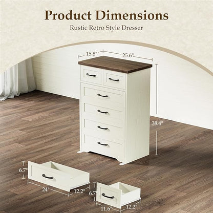 AODK Farmhouse Tall 6 Drawer Dresser for Bedroom, 5-Tier Vertical Storage Chest with Mixed Drawers, Engineered Wood Frame with Anti-Tip Safety, American Country Furniture, Walnut & Vintage White