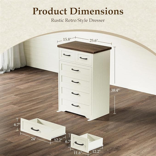 AODK Farmhouse Tall 6 Drawer Dresser for Bedroom, 5-Tier Vertical Storage Chest with Mixed Drawers, Engineered Wood Frame with Anti-Tip Safety, American Country Furniture, Walnut & Vintage White