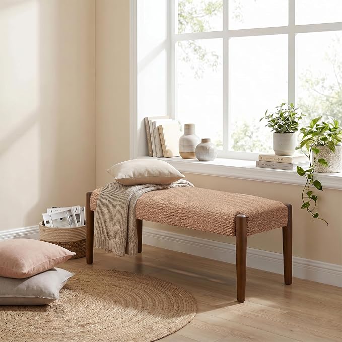 Usaint 42" End of Bed Bench, Modern Upholstered Bedroom Bench with Rubberwood Legs, Entryway Bench with Cushion, Dining Bench for Living Room, Bedroom, Orange with Walnut Leg
