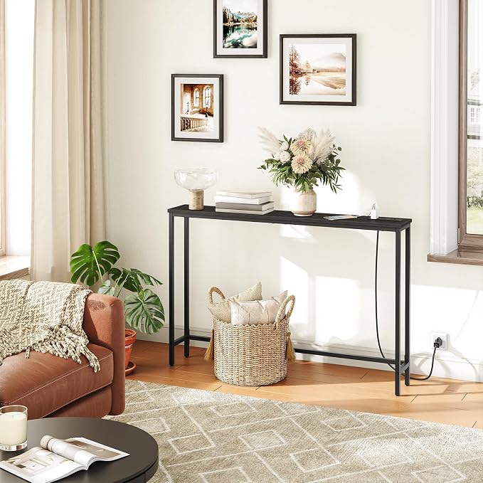 HOOBRO 47.2" Narrow Console Table with Power Outlet, 5.9" Behind Couch Table with Charging Station, Long Sofa Side Table, Skinny Entryway Table for Living Room, Hallway, Foyer, Black BB15XG01G1