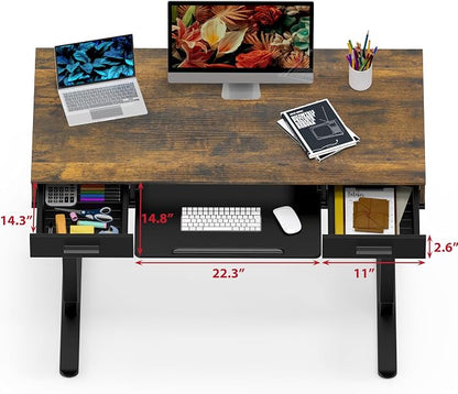SHW 48-Inch Electric Height Adjustable Desk with Keyboard Tray and 2 Drawers, Rustic Brown