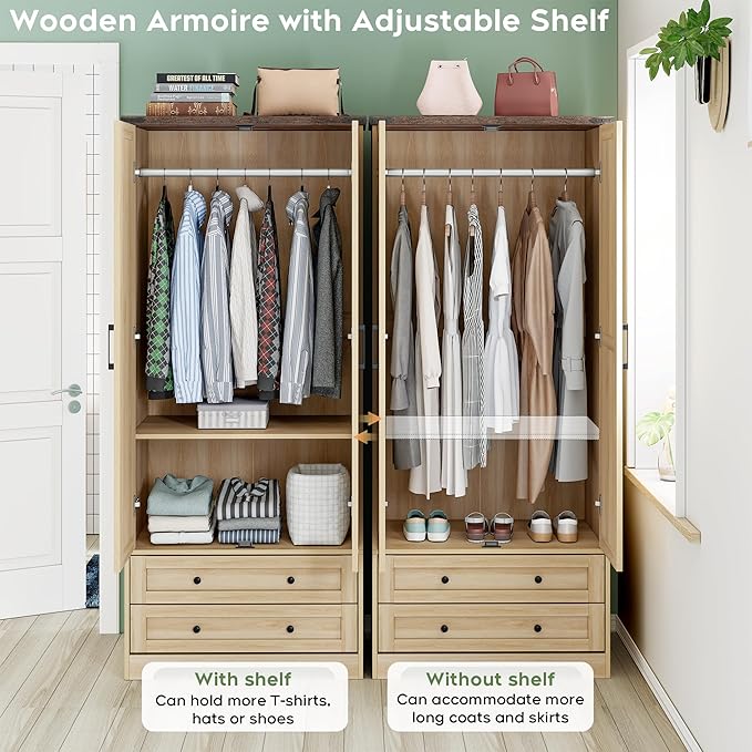 Yechen 71" Wooden Armoire Wardrobe Closet Set of 2- Modern Functional Clothes Tall Storage Cabinet with Adjustable Shelf and Hanging Rail, Sturdy Freestanding Closet with 2 Wide Drawers (Natural)