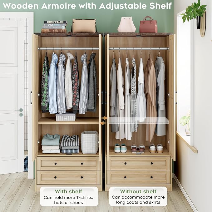 Yechen 71" Wooden Armoire Wardrobe Closet - Modern Functional Clothes Tall Storage Cabinet with Adjustable Shelf and Hanging Rail, Sturdy Freestanding Closet Wardrobe with 2 Wide Drawers (Natural)