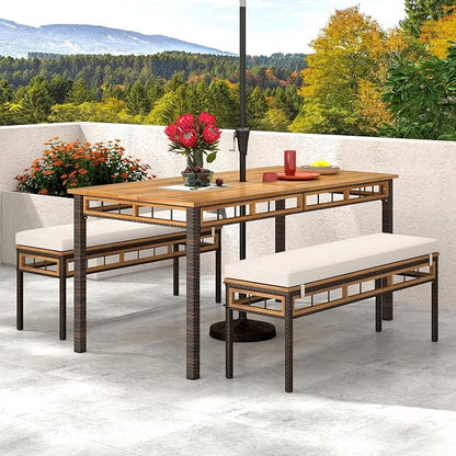 Tangkula 3 Pieces Wood Patio Dining Set, Outdoor PE Wicker Rectangular Acacia Wood Table and 2 Cushioned Benches with 1.97” Umbrella Hole, Outside Furniture Set for Deck, Garden and Backyard