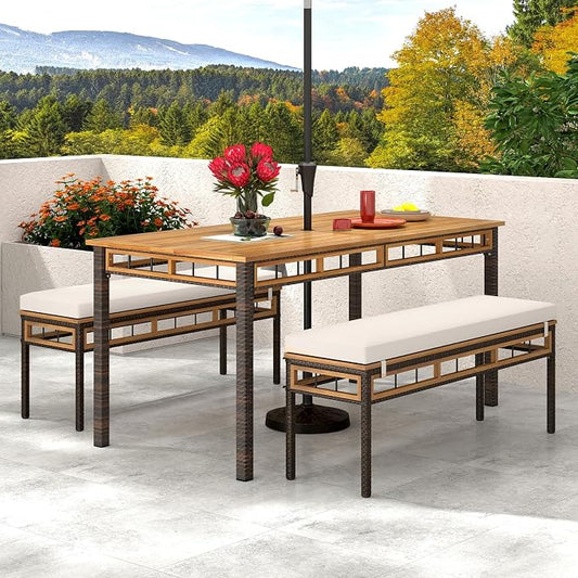 Tangkula 3 Pieces Wood Patio Dining Set, Outdoor PE Wicker Rectangular Acacia Wood Table and 2 Cushioned Benches with 1.97” Umbrella Hole, Outside Furniture Set for Deck, Garden and Backyard
