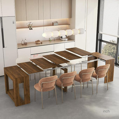 Extendable Foldable Dining Room Table for 1-12 People, Wood Multifunctional Rectangle Expandable Console Kitchen Living Meeting Room Furniture, Walnut