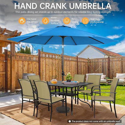 SUNCROWN 8 - Piece Outdoor Dining Set, Patio Furniture Set with 6 Textilene Dinning Chairs, 1 Rectangle Metal Table and 1 Sky Blue 9Ft Patio Umbrella for Lawn Garden Backyard Deck, Brown