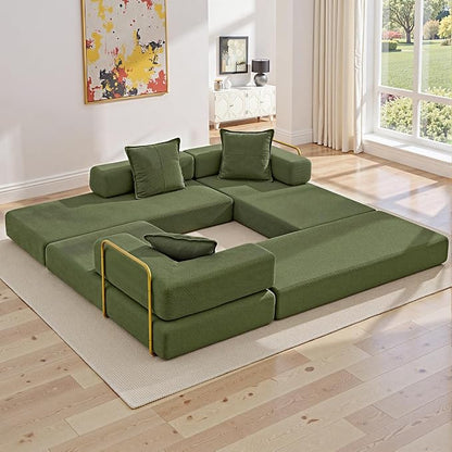 ivoros 108" Oversized Convertible Sleeper Sofa Bed, Corduroy L Shape Sectional Couch, Folding Sofa Bed with Fixed-Shape Frame, Modern Cloud Floor Mattress Couch, Modular Sofa for Living Room, Green