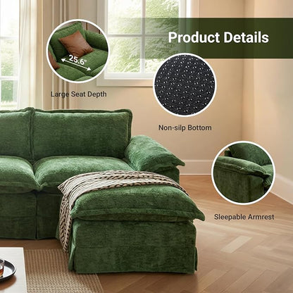 Claiks 123" Modular Boneless Couch, U Shaped Couch for Living Room, Modern Deep Seat Sofa 3 Seater Chenille Fabric Comfy Cloud Couches with Movable Ottoman, Dark Green