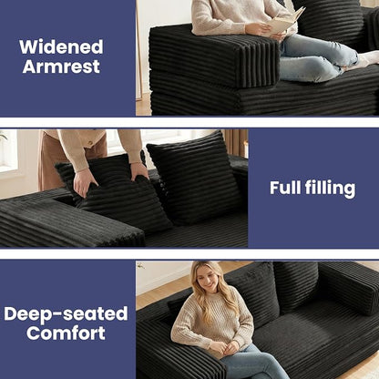 Convertible Sofa Bed, 4-in-1 Boneless Loveseat with Removable Armrests Backrest, Corduroy Futon Couch Bed with Pillow, Foldable Mattress Sleeper Sofa for Living Room Bedroom Small Place (Black)