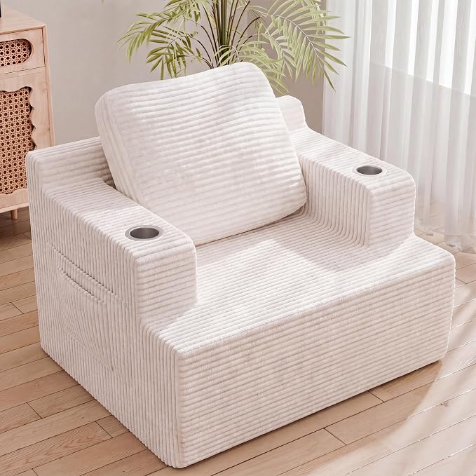Homall 42” Single Sofa Foam Couch for Small Spaces Upholstered Floor Sofa with Cup Holder & Storage Pocket Boneless Couch for Bedroom Living Room (White, Single)