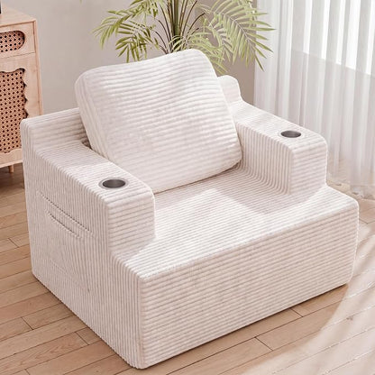Homall 42” Single Sofa Foam Couch for Small Spaces Upholstered Floor Sofa with Cup Holder & Storage Pocket Boneless Couch for Bedroom Living Room (White, Single)