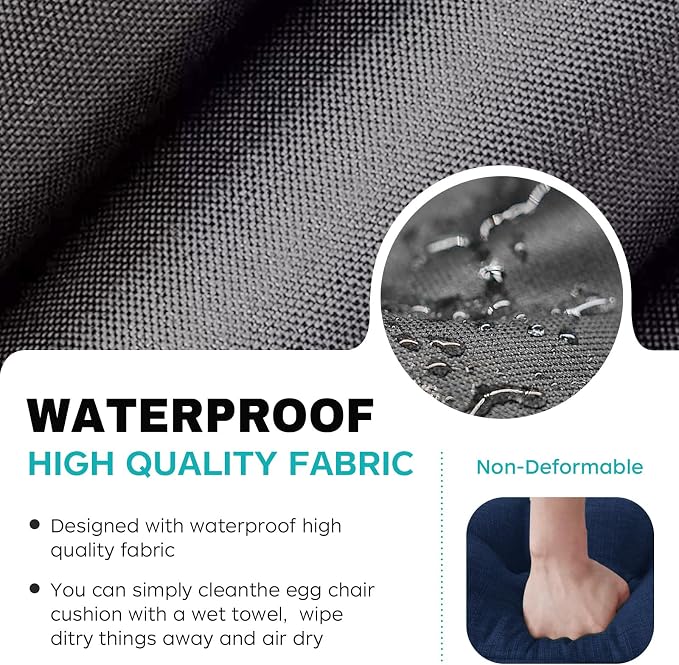 Egg Chair Cushion Replacement, Waterproof Thicken Hanging Egg Swing Chair Cushion for Outdoor Furniture, Wicker Rattan Hammock Basket Cushion with Headrest Pillow 47x31.5x4.7 inch, Grey