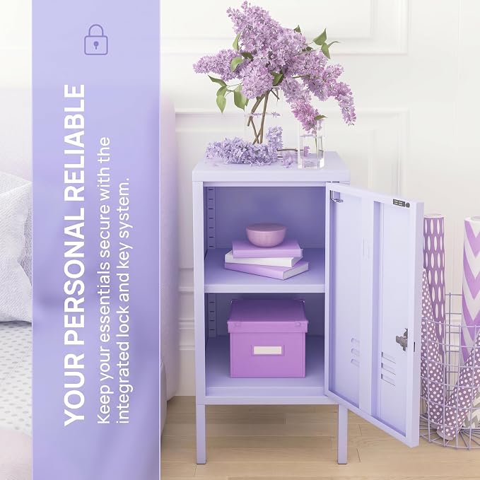 Single Door Lockable Metal End Table & Children's Bedside Table, 2-Tier Storage Cabinet with Adjustable Shelf, Easy Assembly Side Table for Living Room Bedroom Home Office Purple