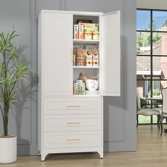 SteeLoong Metal Kitchen Pantry Cabinet with 3 Drawers，75 Inch White Food Pantry Cabinets for Kitchen Storage with 2 Adjustable Shelves,Tall Storage Cupboard for Living Room,Dining Room Office