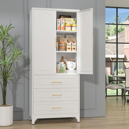 SteeLoong Metal Kitchen Pantry Cabinet with 3 Drawers，75 Inch White Food Pantry Cabinets for Kitchen Storage with 2 Adjustable Shelves,Tall Storage Cupboard for Living Room,Dining Room Office