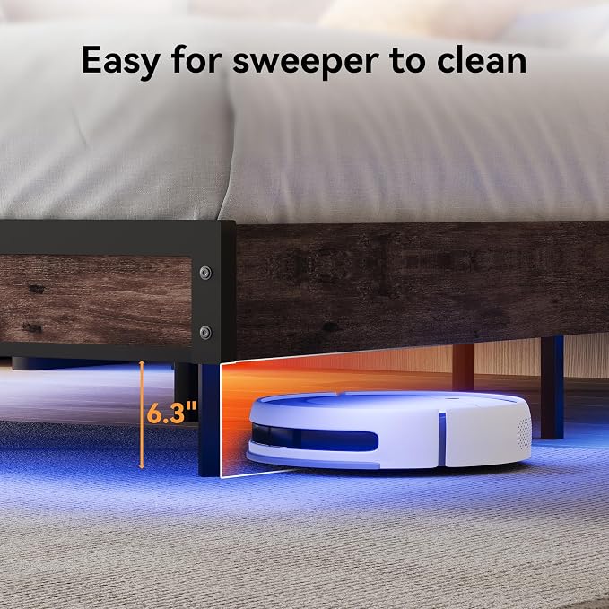 BedsPick Queen Bed Frame with 2-Tier Storage Headboard, Metal Platform Bed Frame Queen Size with Smart LED Lights & USB Charging Station, Noise-Free/Metal Support/No Box Spring Needed, Brown