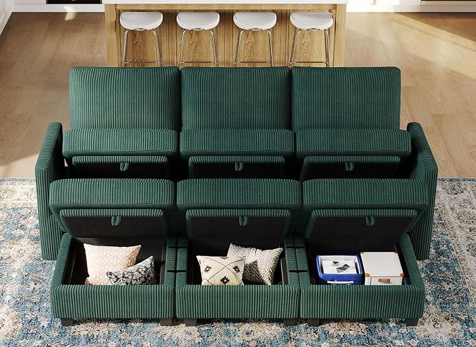 Belffin Modular Sectional Sleeper Sofa with Storage Seat 6 Seat Sectional Sleeper Sofa Bed Corduroy Sectional Couch with Reversible Chaise Green Modular Couch for Living Room