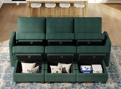 Belffin Modular Sectional Sleeper Sofa with Storage Seat 6 Seat Sectional Sleeper Sofa Bed Corduroy Sectional Couch with Reversible Chaise Green Modular Couch for Living Room
